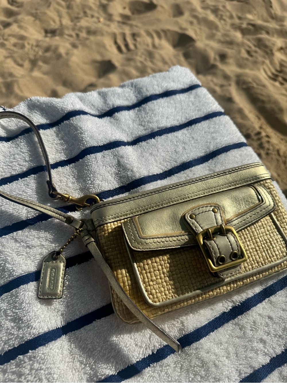 Coach Woven Straw Wristlet Metallic Leather Buckle Clutch